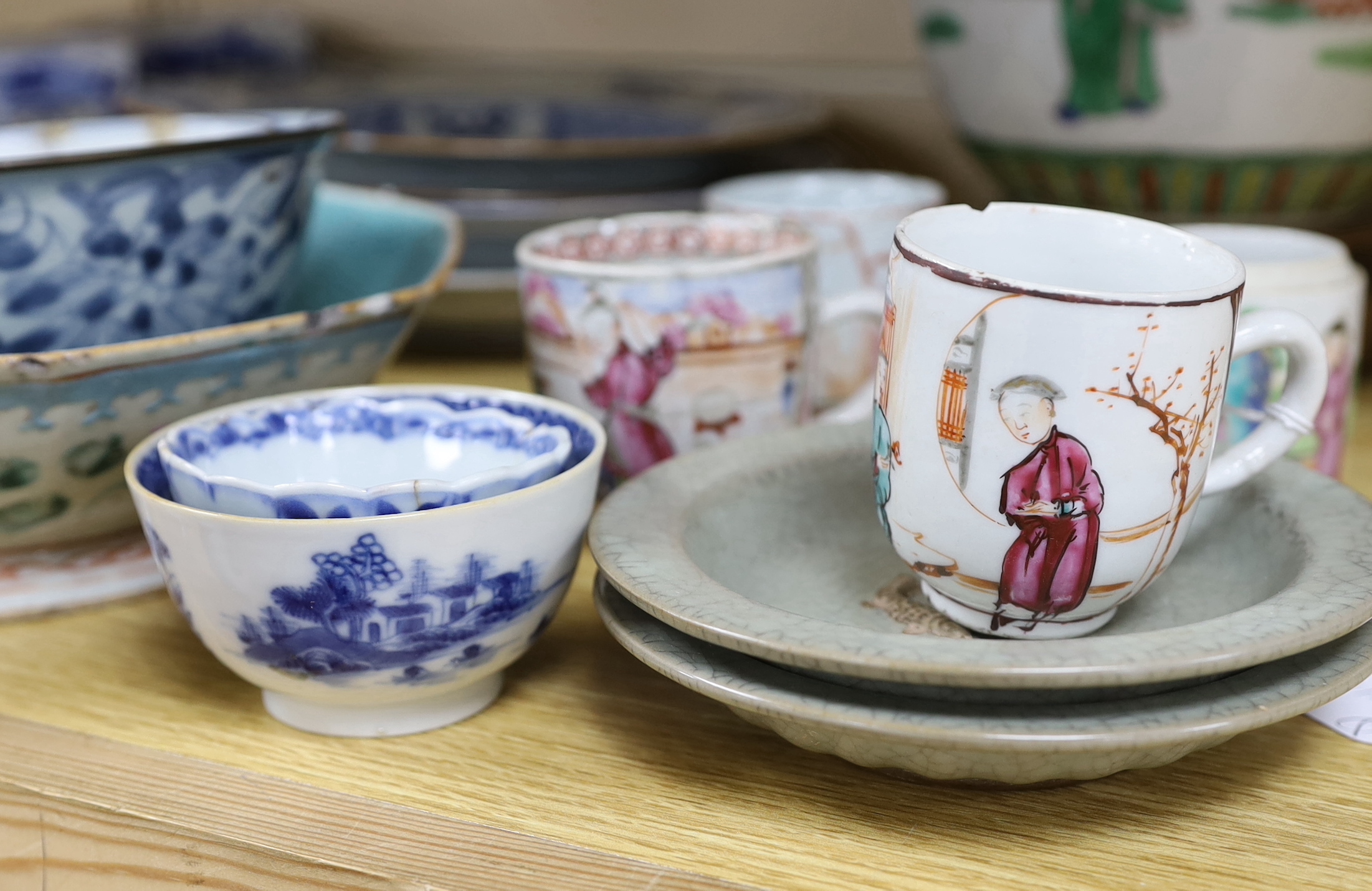 A group of Chinese blue and white and enamelled porcelain jars, plates and bowls, 18th century and later, largest 26cm high